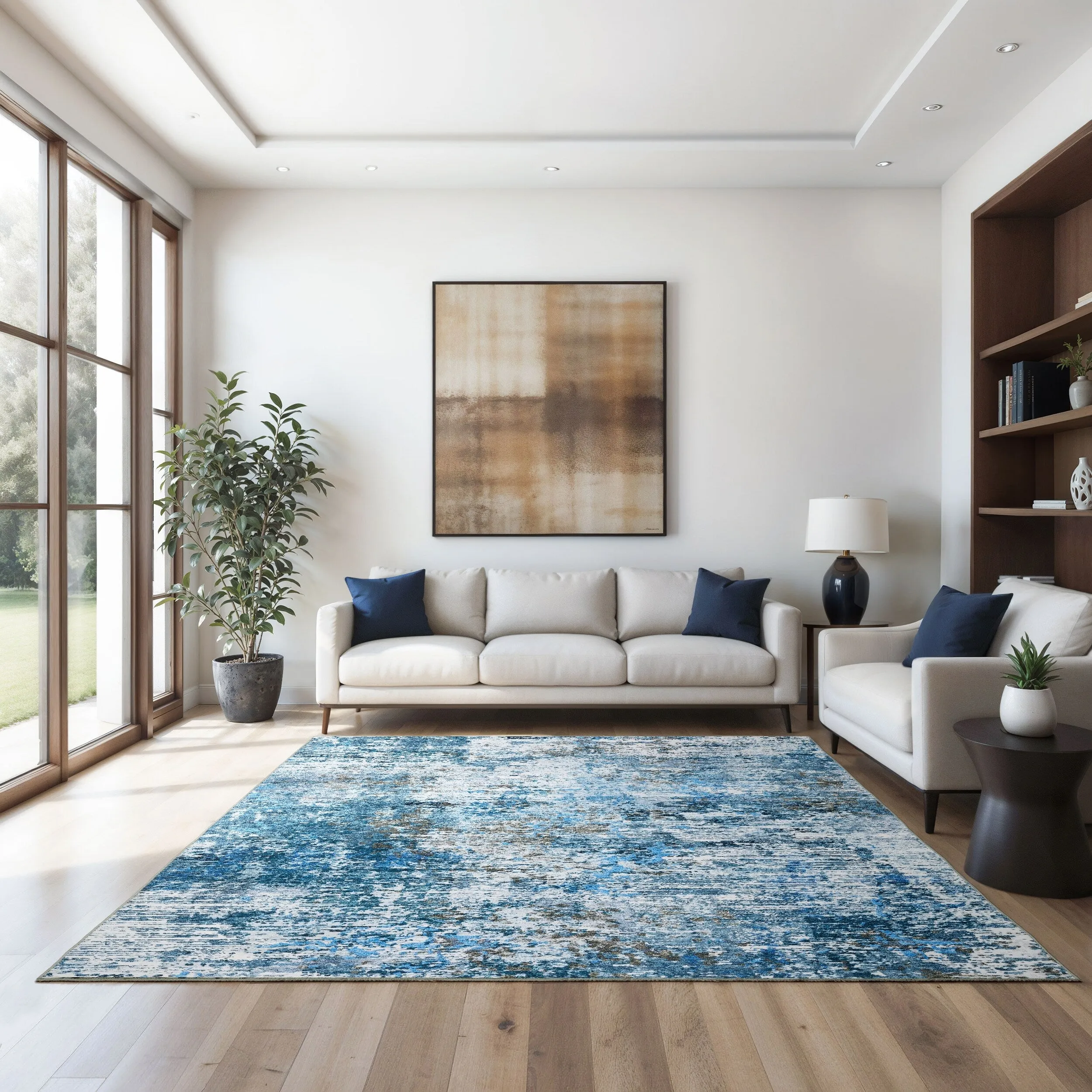 Vista Home Sunderland Icy Abstract Washable Blue/Ivory Area Rug Mat