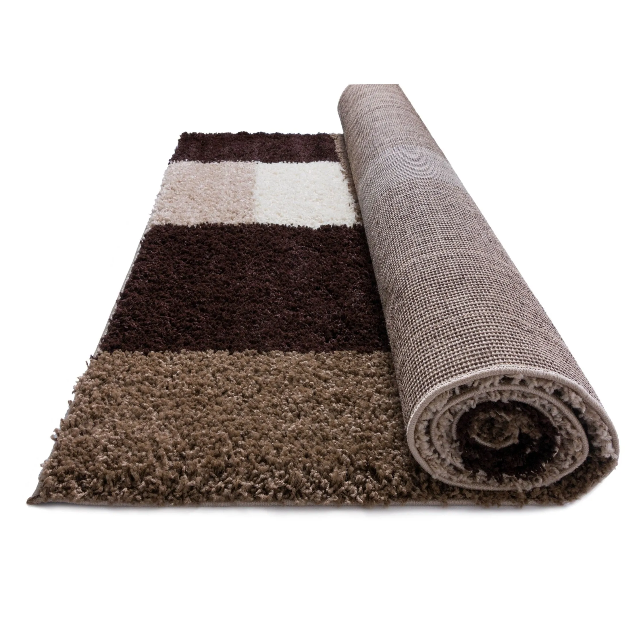Well Woven Shag Plush Beige Brown Geometric Boxes Area Rug - 5' x 7'2