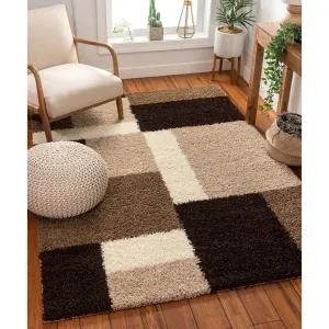 Well Woven Shag Plush Beige Brown Geometric Boxes Area Rug - 5' x 7'2