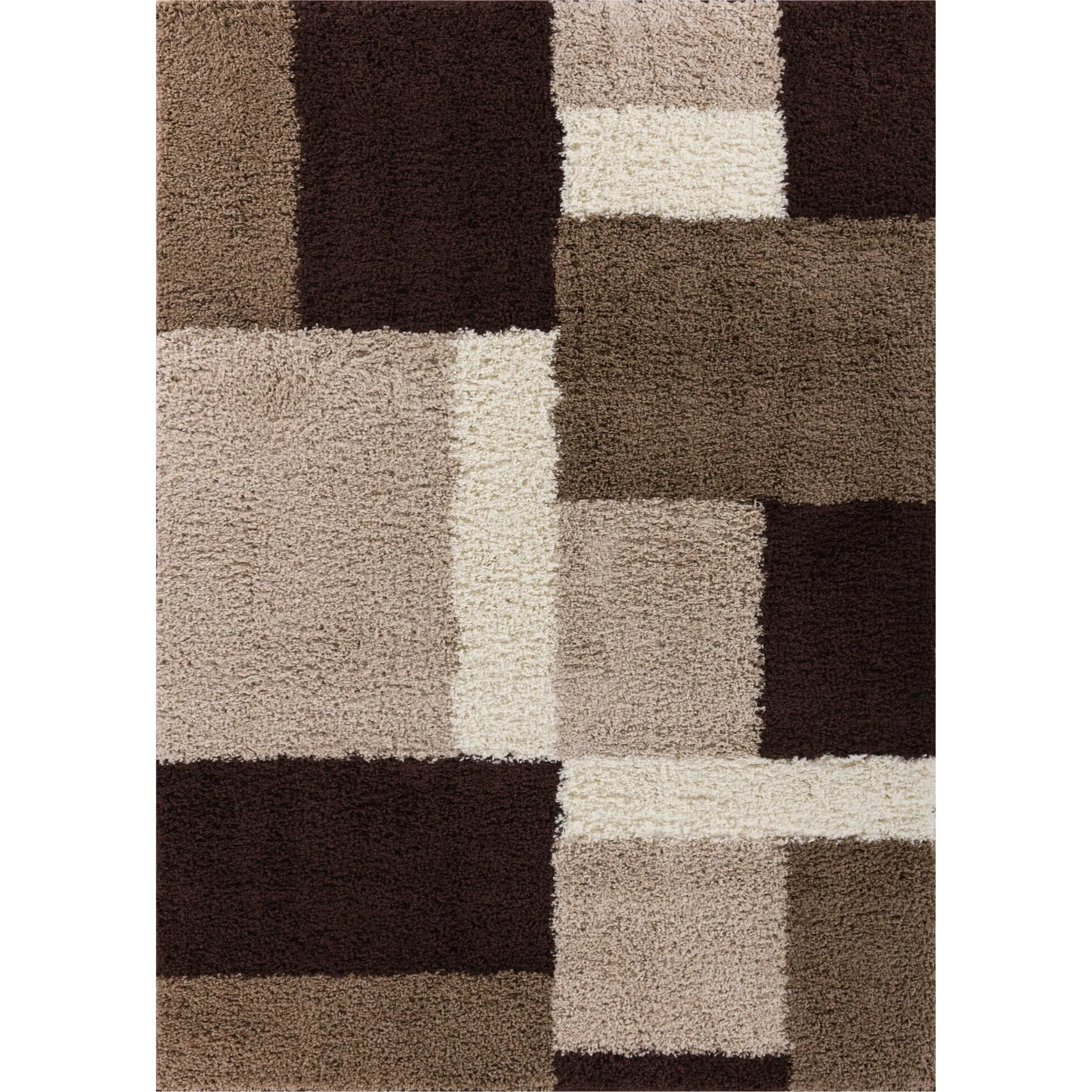 Well Woven Shag Plush Beige Brown Geometric Boxes Area Rug - 5' x 7'2