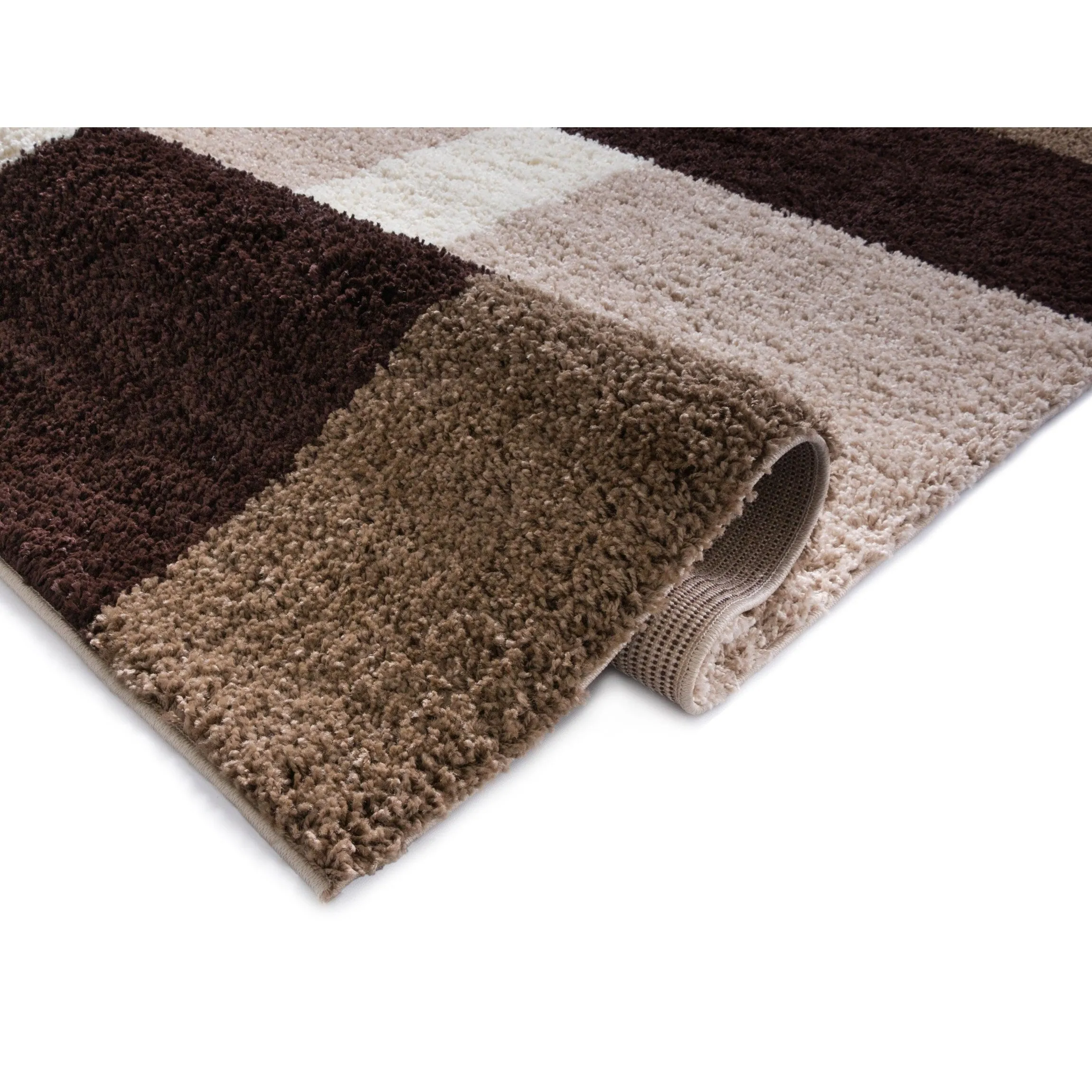 Well Woven Shag Plush Beige Brown Geometric Boxes Area Rug - 5' x 7'2
