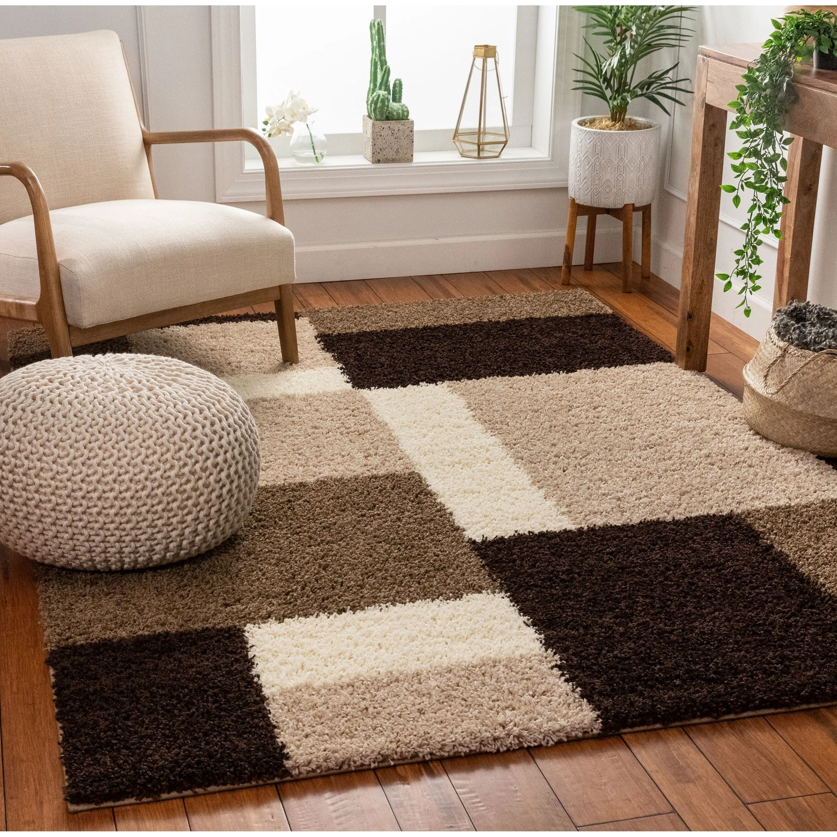 Well Woven Shag Plush Beige Brown Geometric Boxes Area Rug - 5' x 7'2