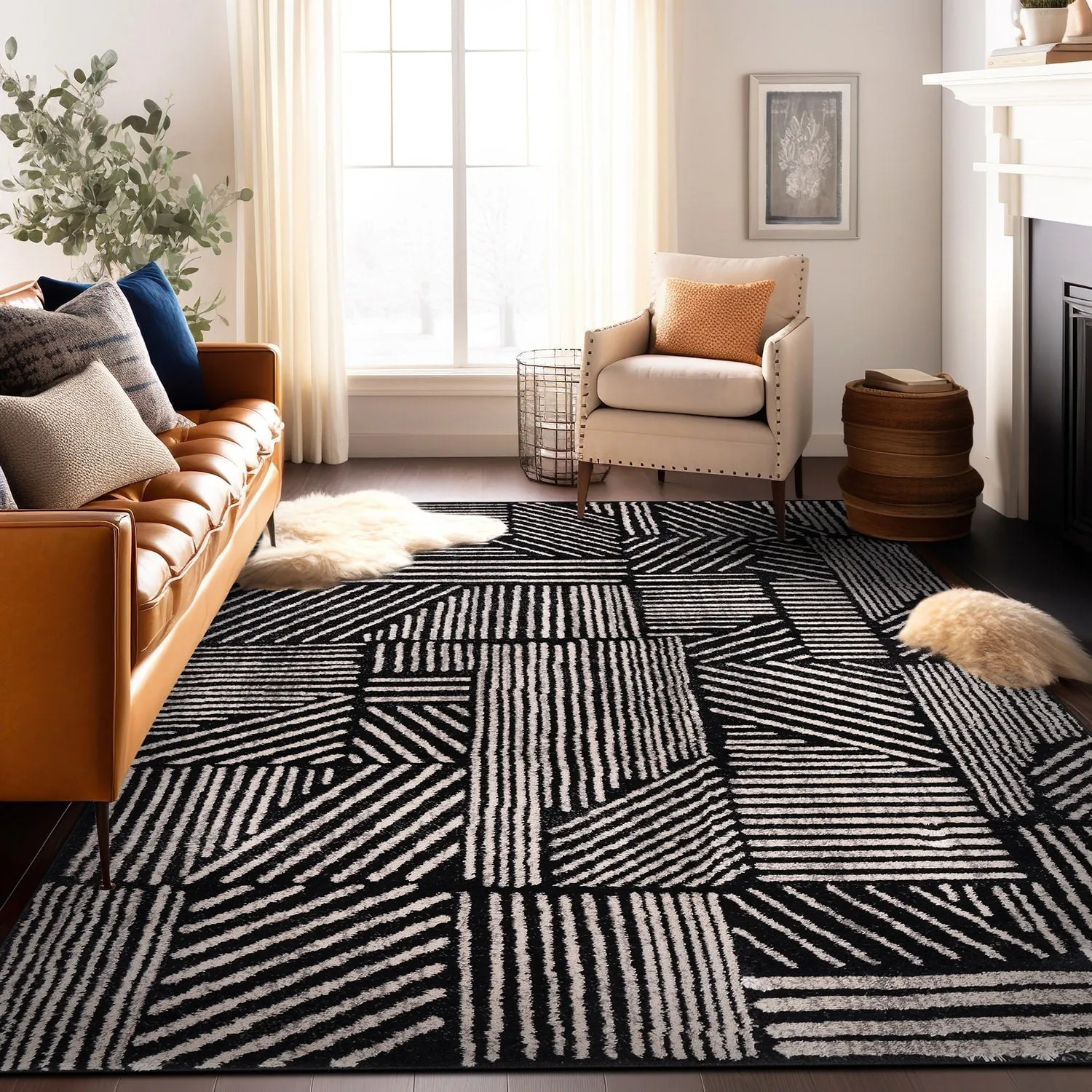 World Rug Gallery Contemporary Boho Stripes Black Area Rug