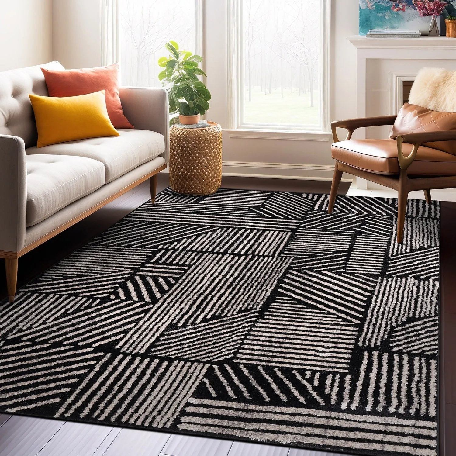 World Rug Gallery Contemporary Boho Stripes Black Area Rug