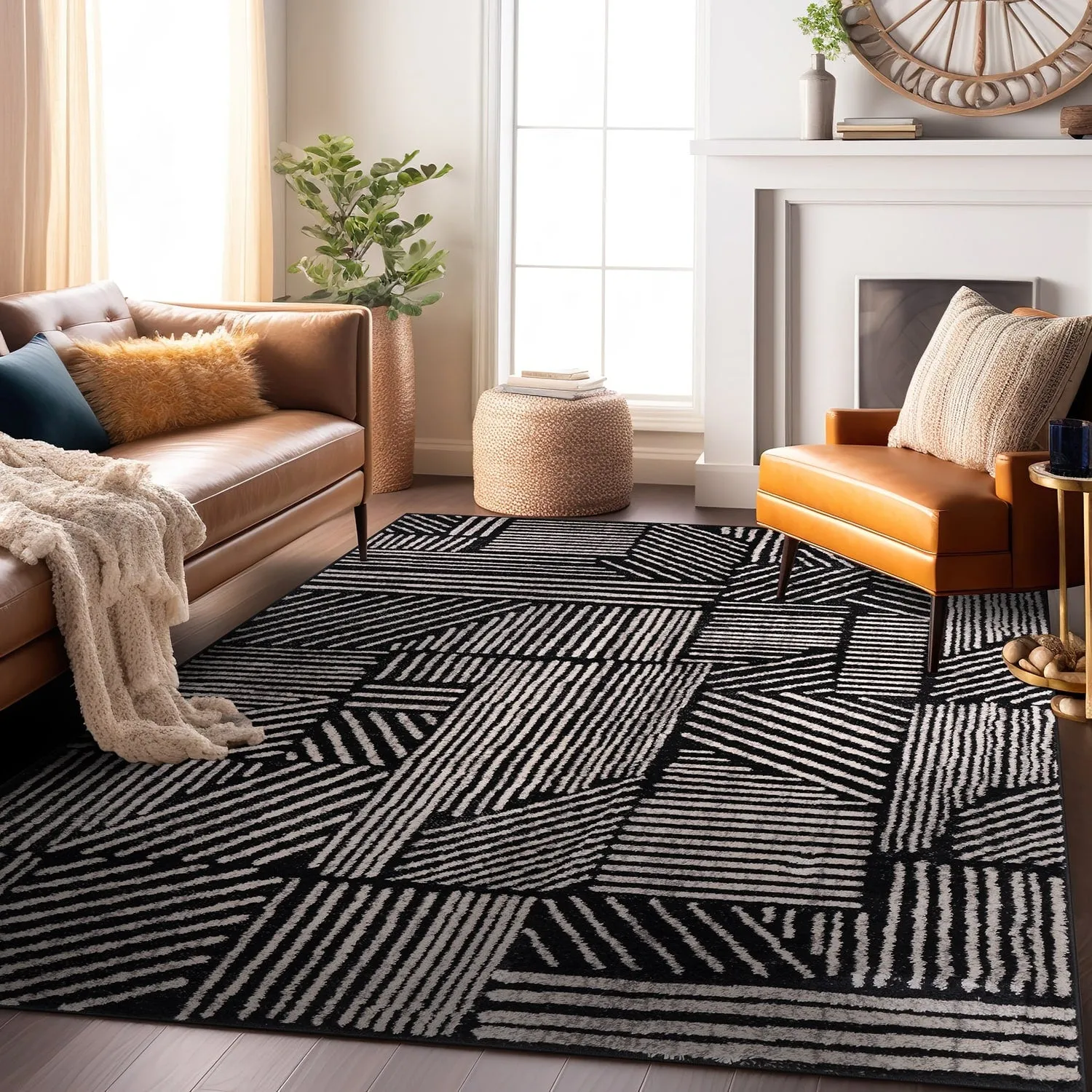 World Rug Gallery Contemporary Boho Stripes Black Area Rug