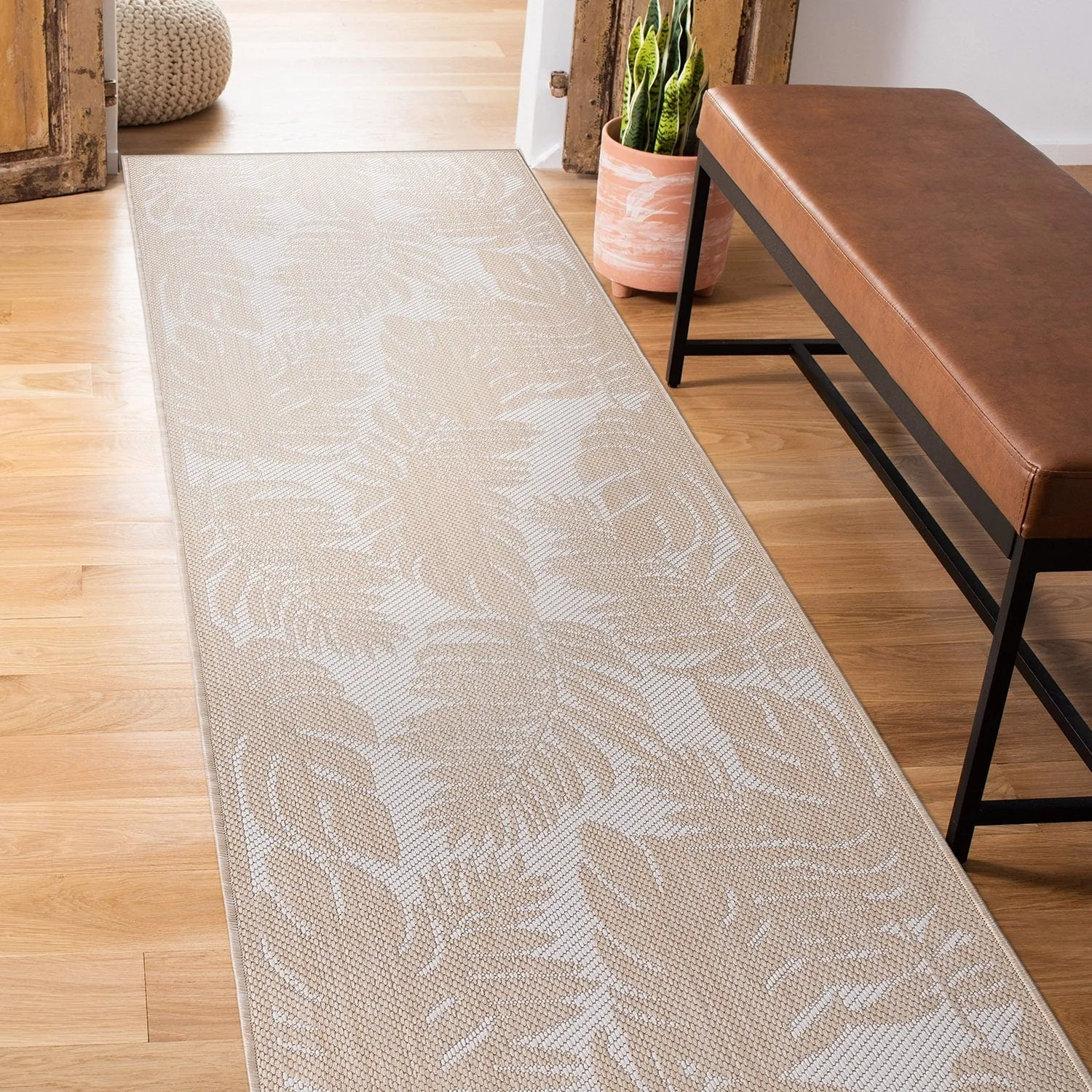 World Rug Gallery Floral Leaves Textured Flat Weave Indoor/Outdoor Area Rug