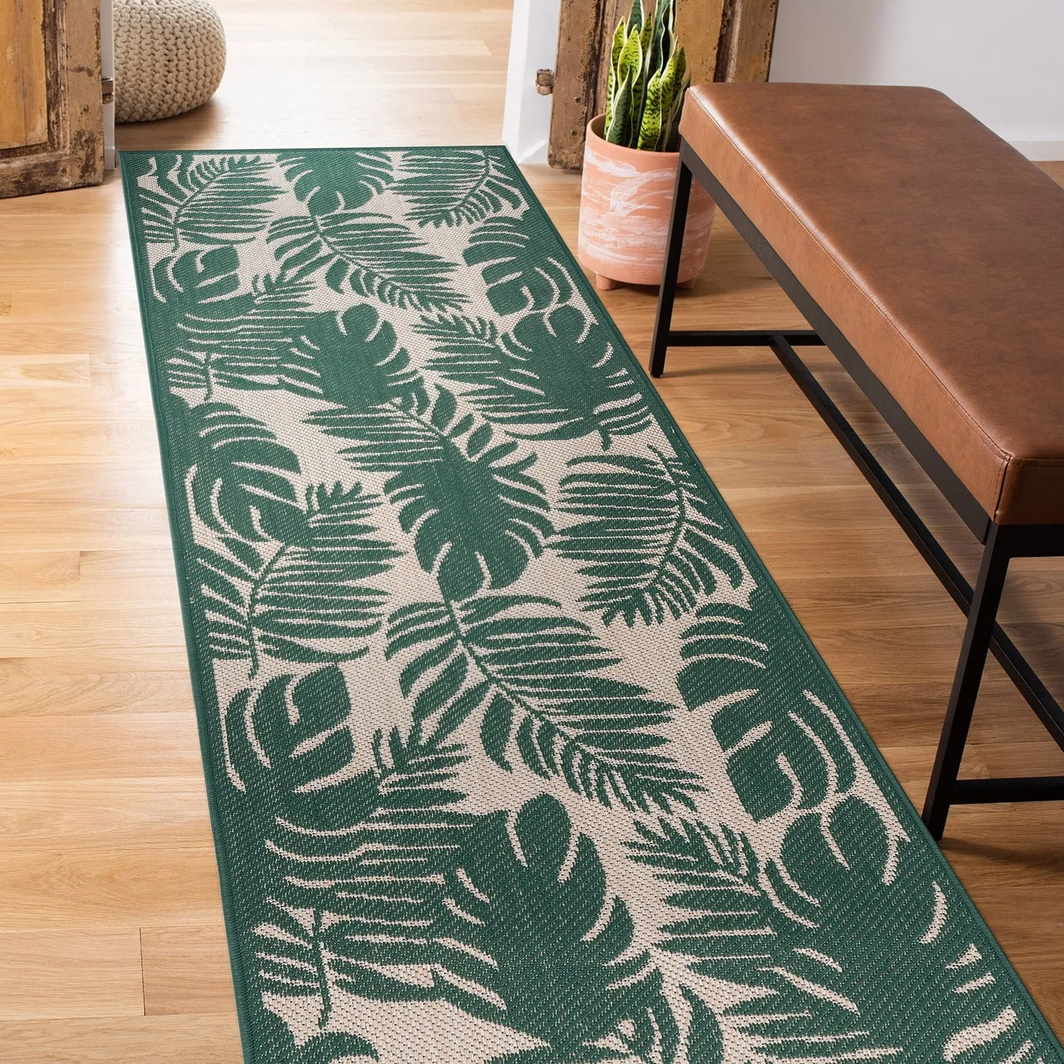 World Rug Gallery Floral Leaves Textured Flat Weave Indoor/Outdoor Area Rug